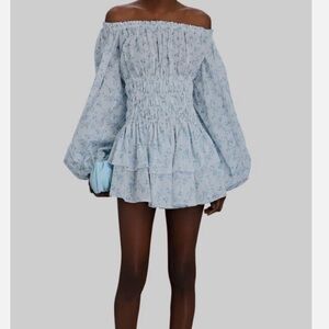 Caroline Constas Light Blue Floral Off-Shoulder Mini Dress